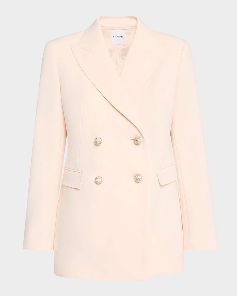 Crystal-Button Italian Stretch Cady Double-Breasted Jacket